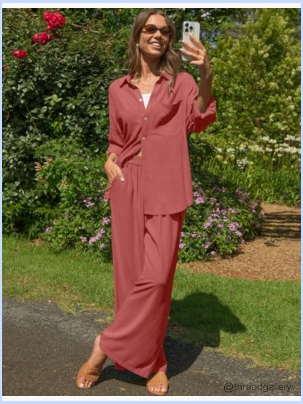 Women's Linen 2 Piece Lounge Set - Button Down Shirt & Wide Leg Pants - Picture 3 of 7